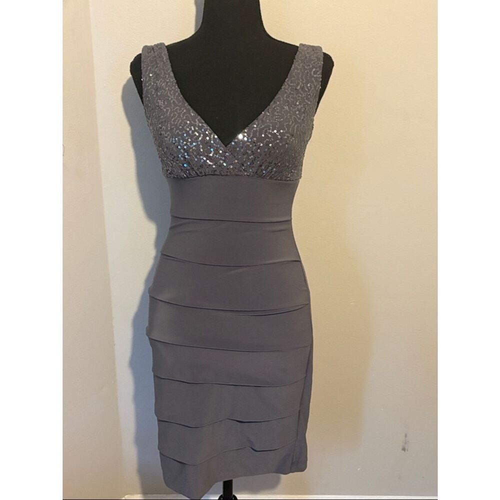 B Darlin Gray Sequin Bodice Midi Dress